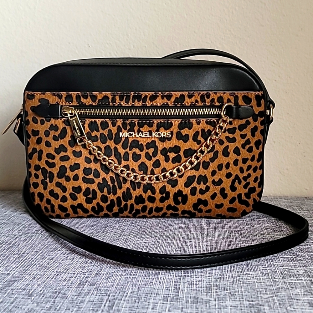Michael Kors Leopard Print Calf Hair Jet Set Zip Gold Tone Chain Cross Body